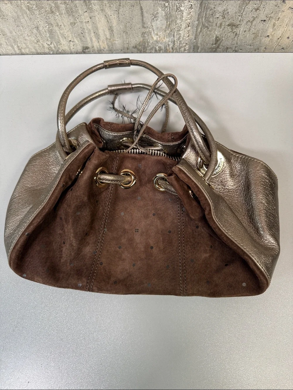 KATE SPADE Women's Brown Suede Metallic Leather Drawstring Hobo Shoulder Bag